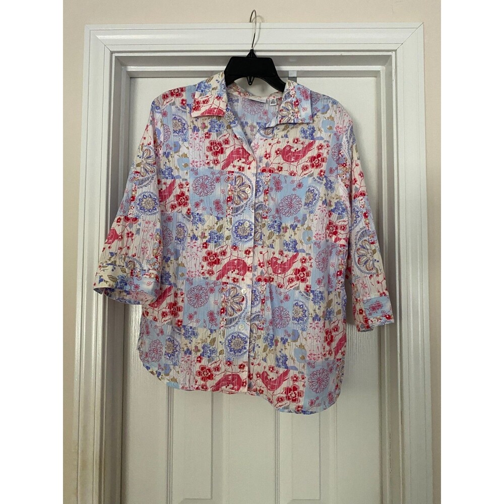 Womens Kim Rogers 14P long sleeve button up blue pink white shirt